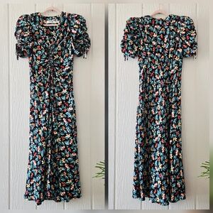 CEFINN Boho Western Black Floral V Neck Maxi Ruched Bodice Short Sleeves Lined 6
